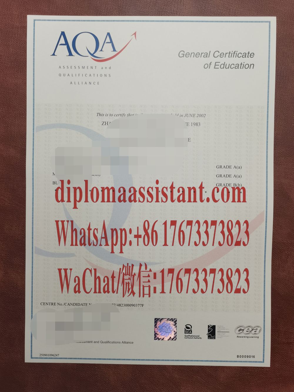 仿制假的AQA英国资格评估认证GCSE证书