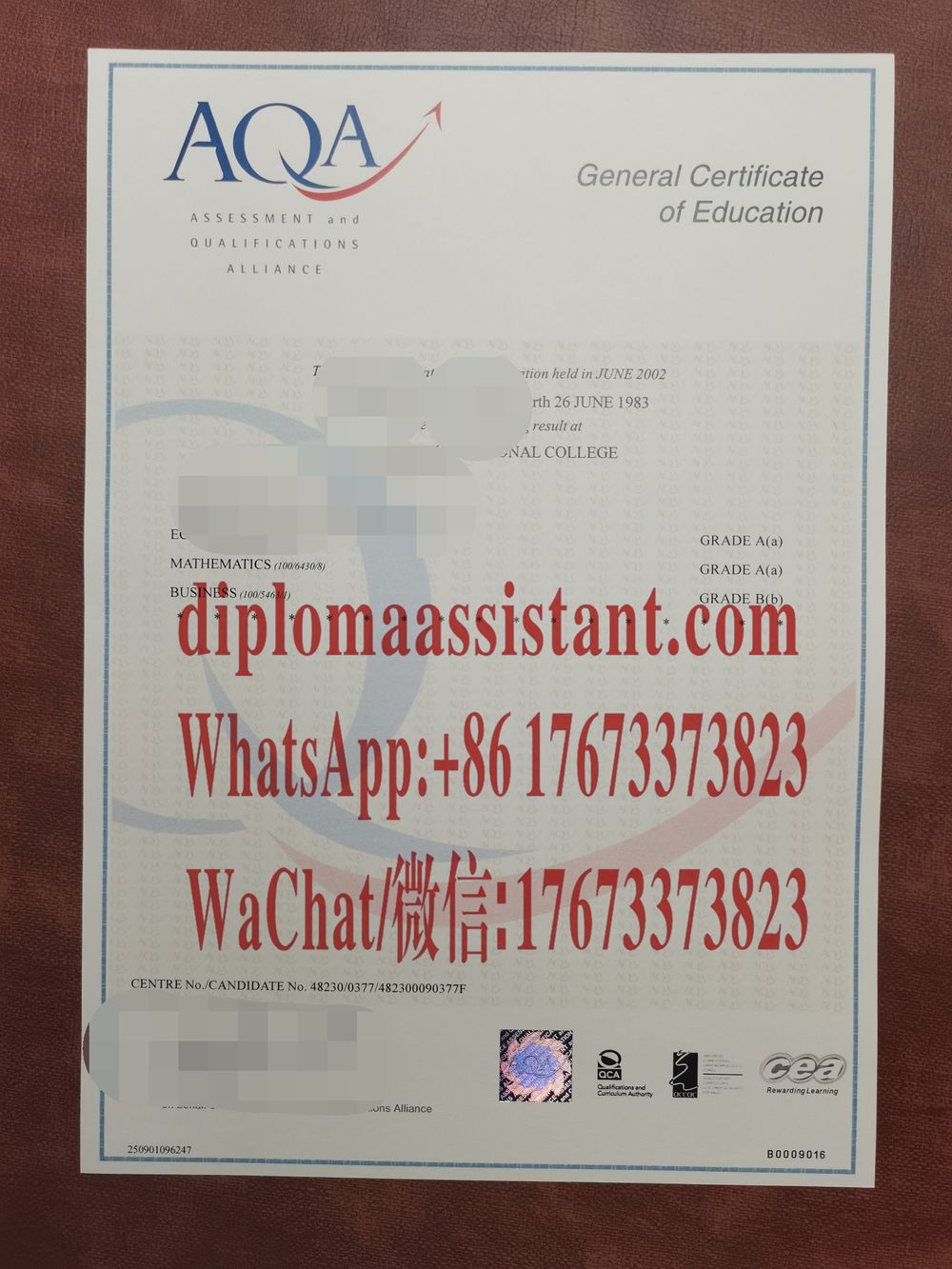 仿制假的GCSE英国资格评估认证证书